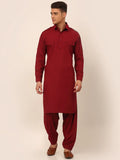 Jompers Men's Maroon Cotton Solid Pathani Kurta with Salwar | Grocsy