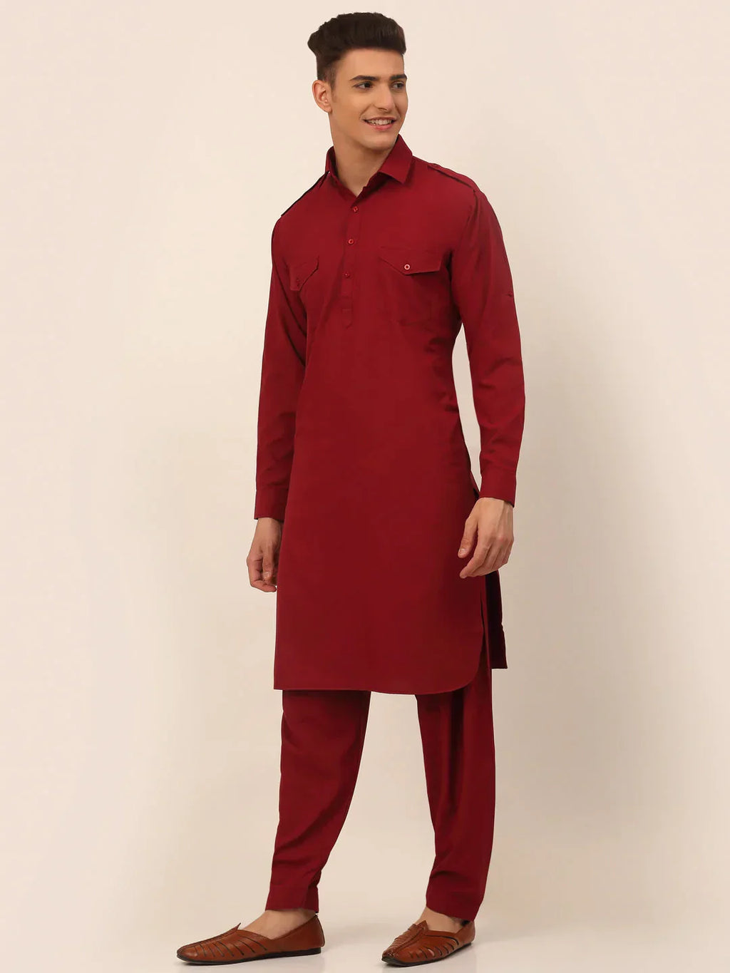 Jompers Men's Maroon Cotton Solid Pathani Kurta with Salwar | Grocsy