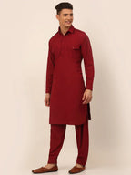Jompers Men's Maroon Cotton Solid Pathani Kurta with Salwar | Grocsy