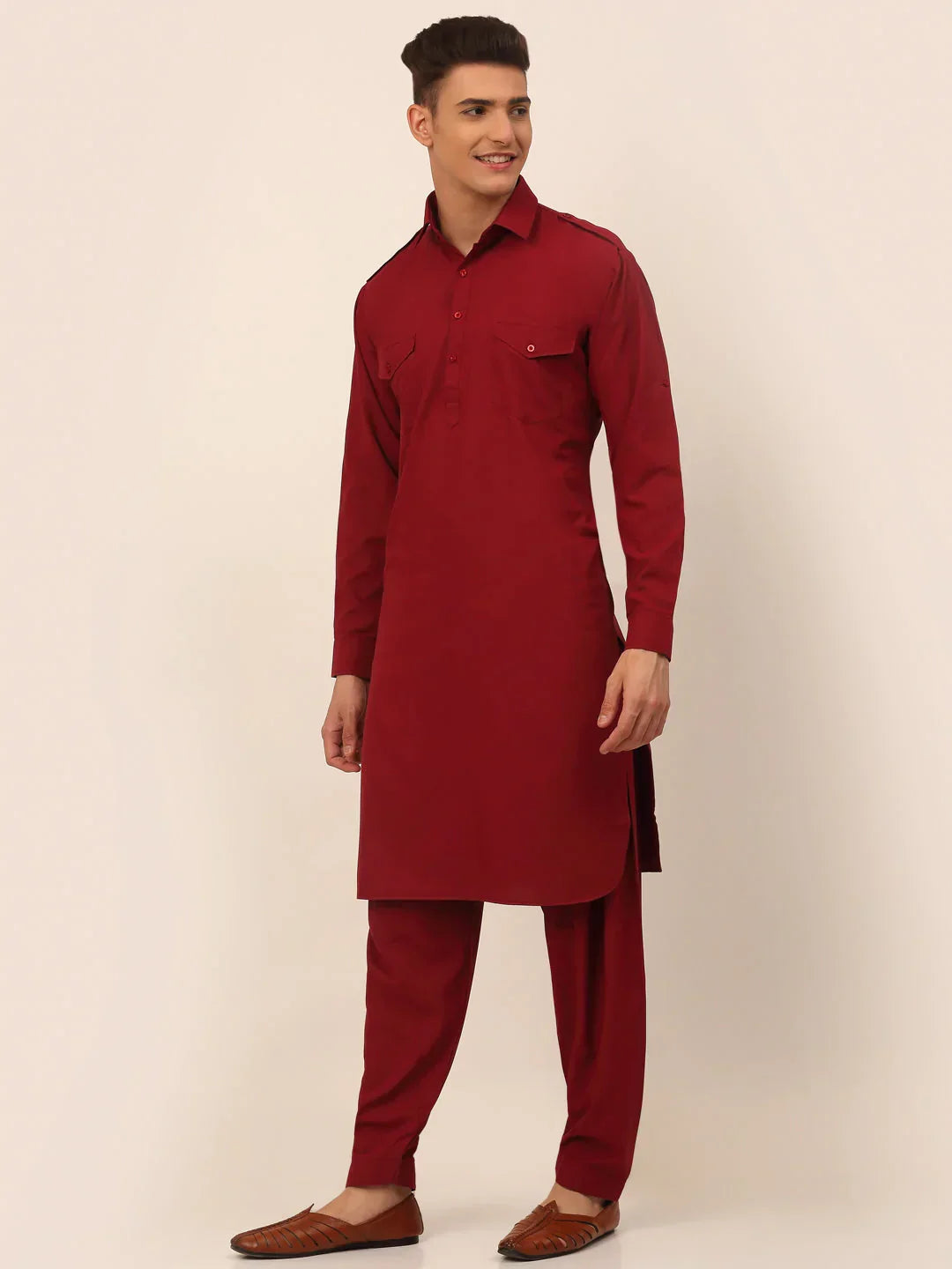Jompers Men's Maroon Cotton Solid Pathani Kurta with Salwar | Grocsy