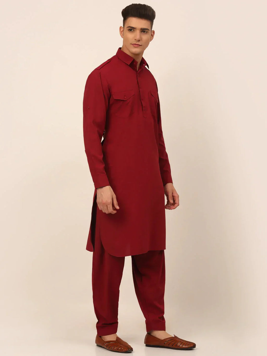 Jompers Men's Maroon Cotton Solid Pathani Kurta with Salwar | Grocsy