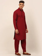 Jompers Men's Maroon Cotton Solid Pathani Kurta with Salwar | Grocsy