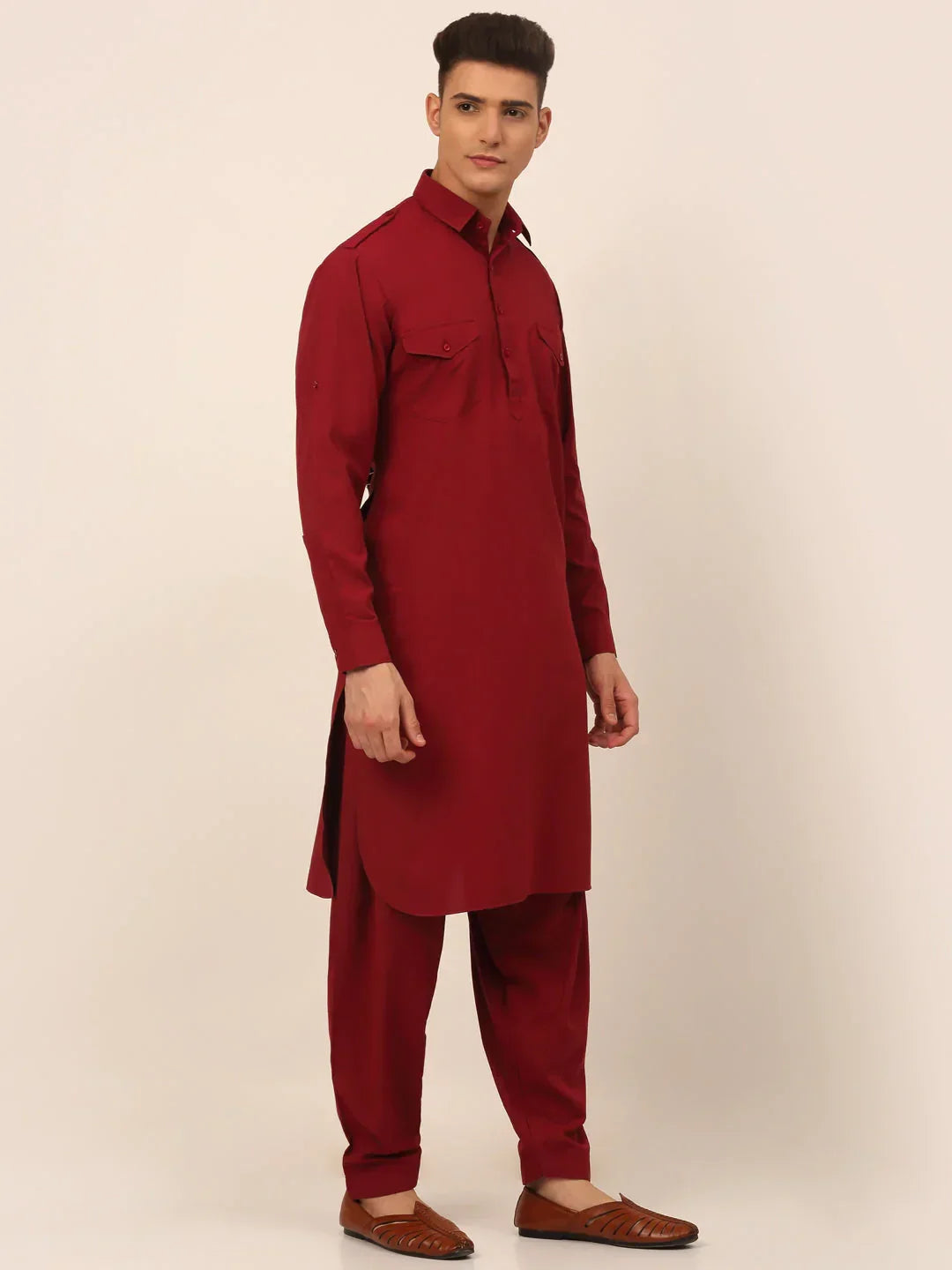 Jompers Men's Maroon Cotton Solid Pathani Kurta with Salwar | Grocsy