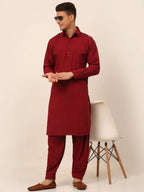 Jompers Men's Maroon Cotton Solid Pathani Kurta with Salwar | Grocsy