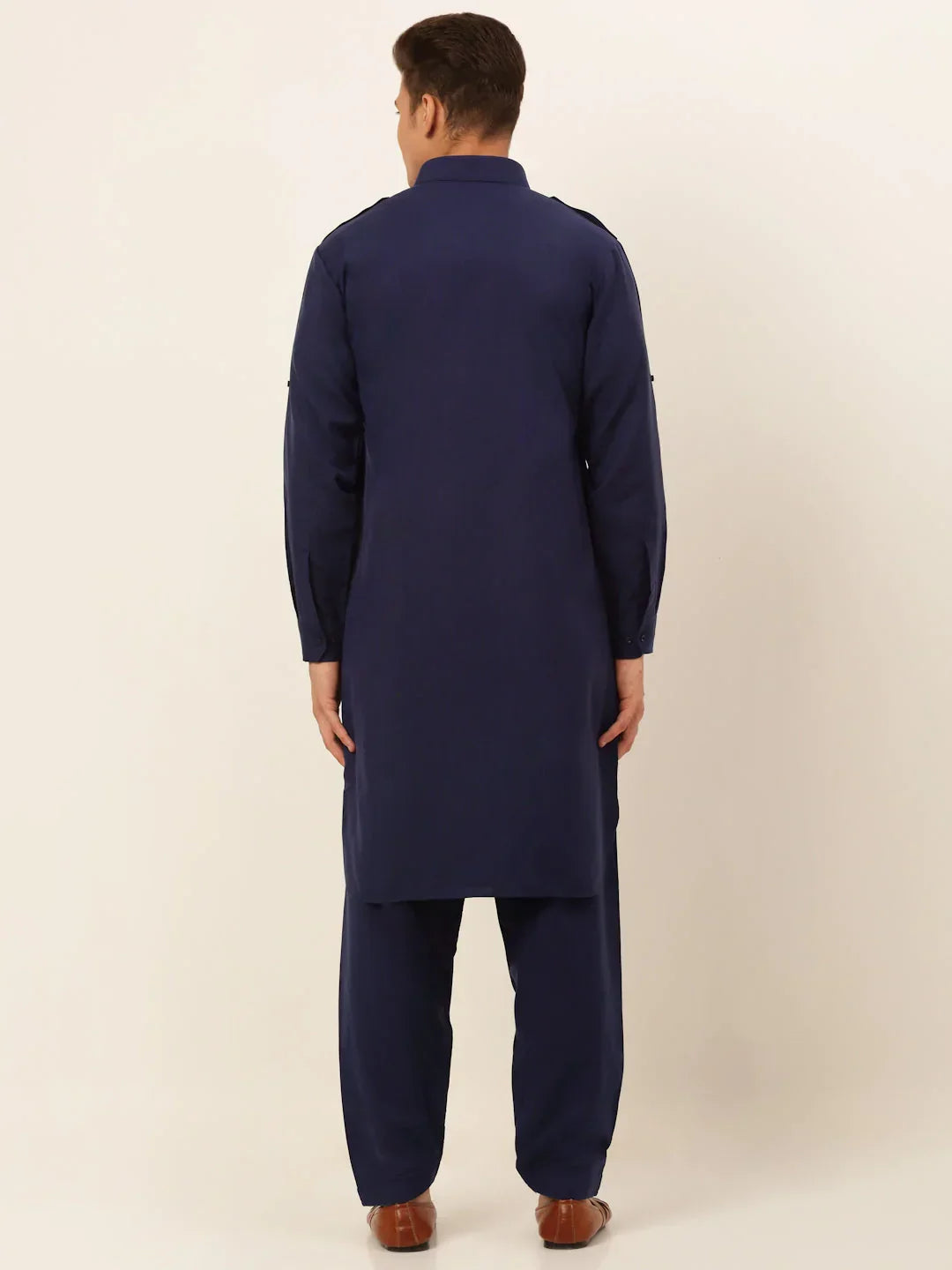 Jompers Men's Navy Cotton Solid Pathani Kurta with Salwar | Grocsy