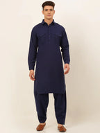 Jompers Men's Navy Cotton Solid Pathani Kurta with Salwar | Grocsy