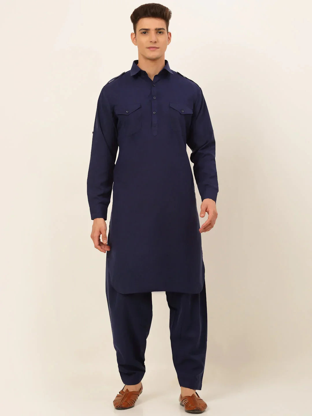 Jompers Men's Navy Cotton Solid Pathani Kurta with Salwar | Grocsy