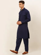 Jompers Men's Navy Cotton Solid Pathani Kurta with Salwar | Grocsy