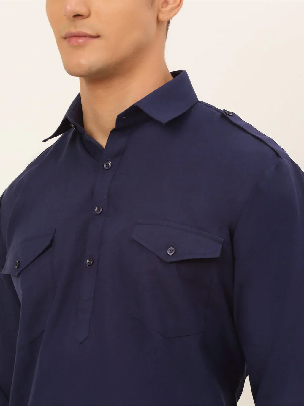 Jompers Men's Navy Cotton Solid Pathani Kurta with Salwar | Grocsy