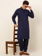 Jompers Men's Navy Cotton Solid Pathani Kurta with Salwar | Grocsy