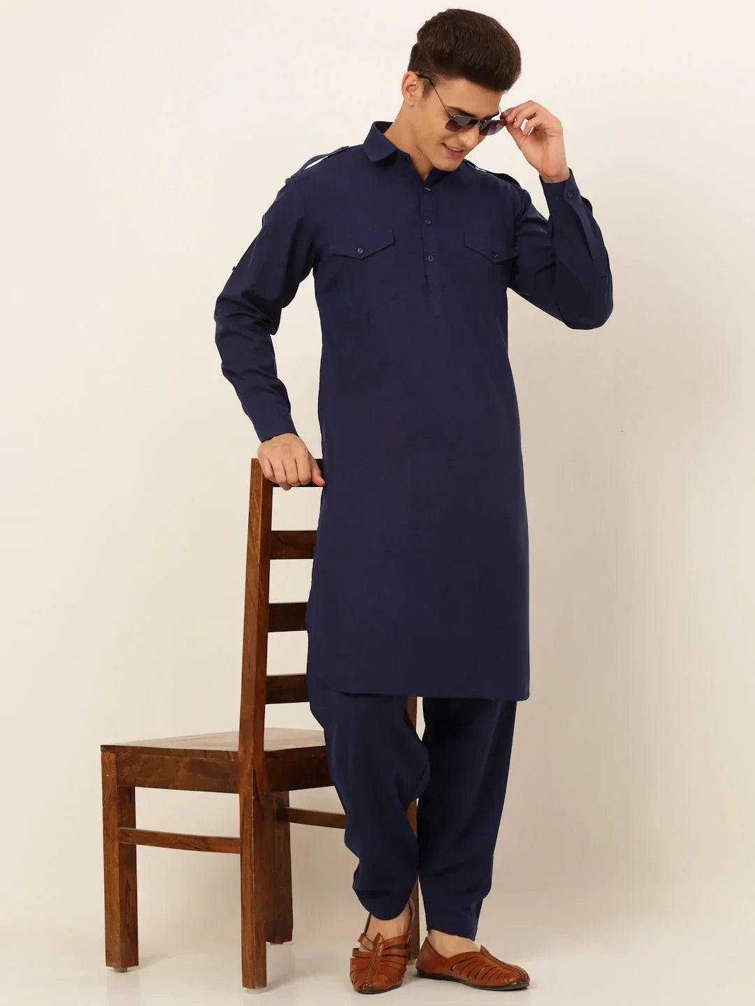 Jompers Men's Navy Cotton Solid Pathani Kurta with Salwar | Grocsy