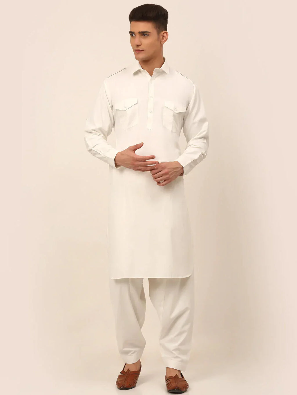 Jompers Men's White Cotton Solid Pathani Kurta with Salwar | Grocsy