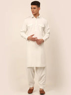 Jompers Men's White Cotton Solid Pathani Kurta with Salwar | Grocsy