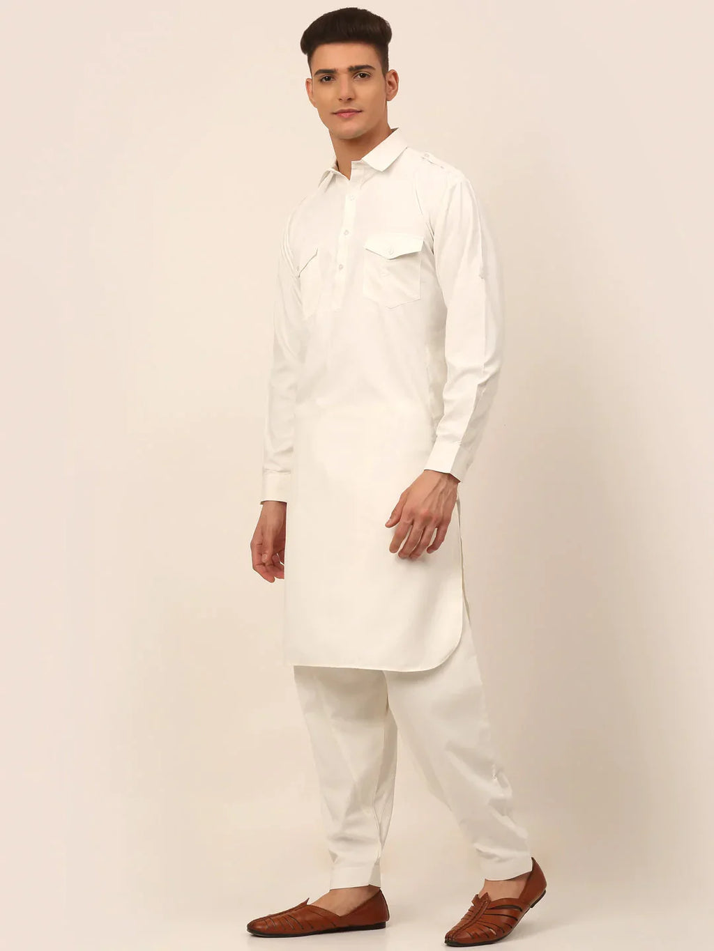Jompers Men's White Cotton Solid Pathani Kurta with Salwar | Grocsy