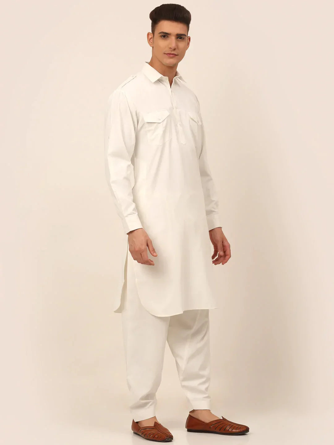 Jompers Men's White Cotton Solid Pathani Kurta with Salwar | Grocsy