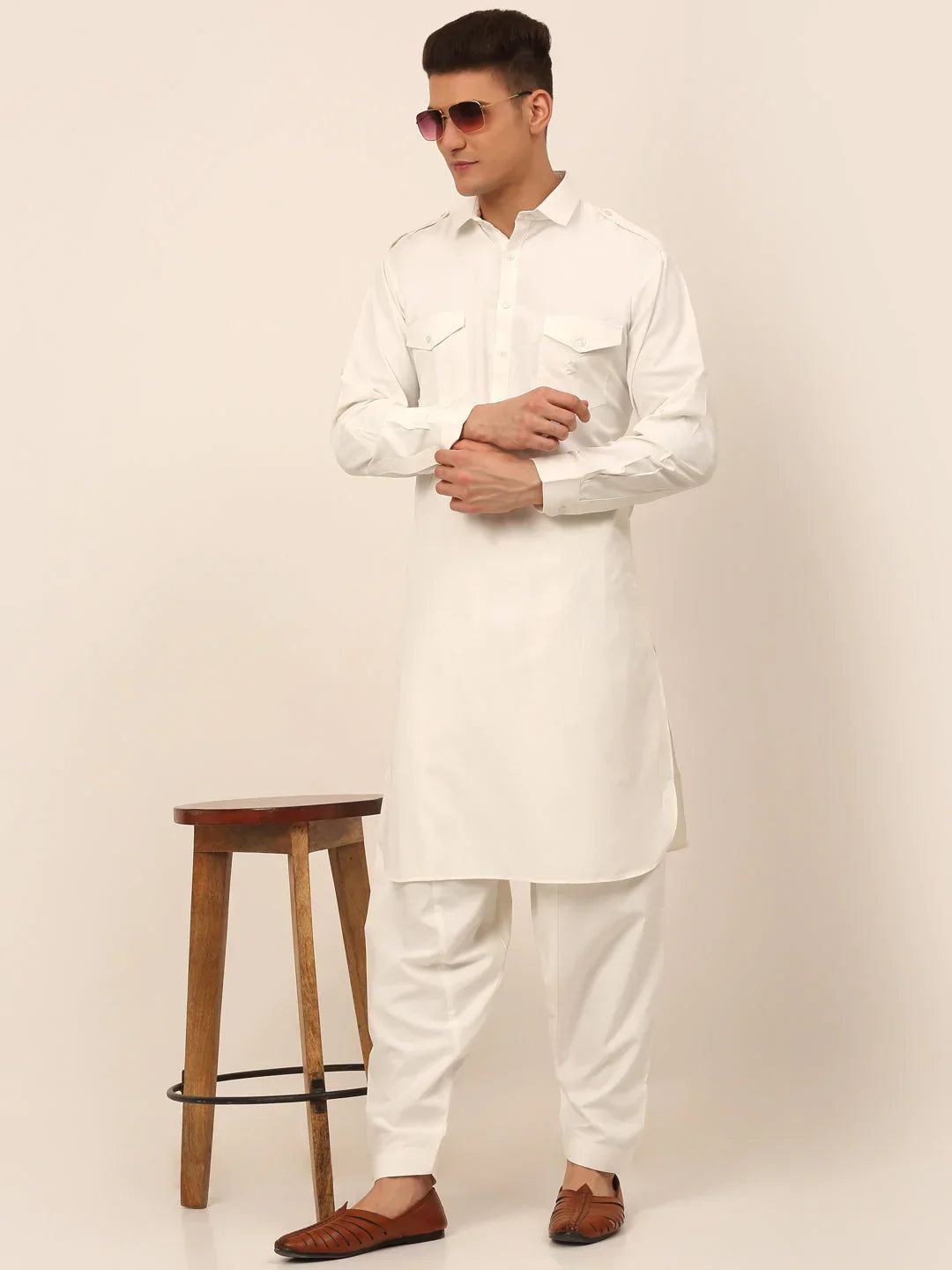 Jompers Men's White Cotton Solid Pathani Kurta with Salwar | Grocsy