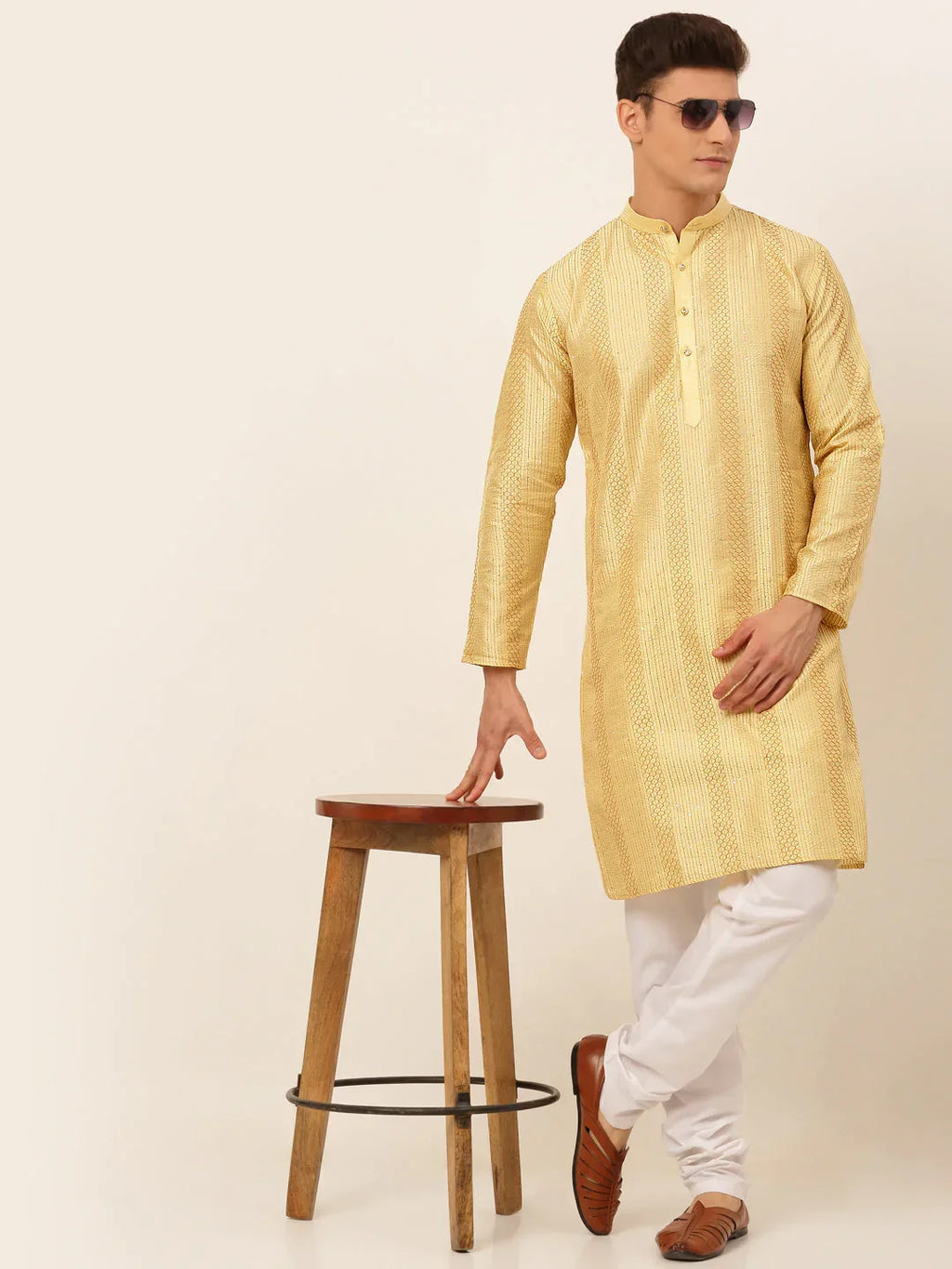 Jompers Men's Golden Embroiderd Kurta Pajama | Grocsy