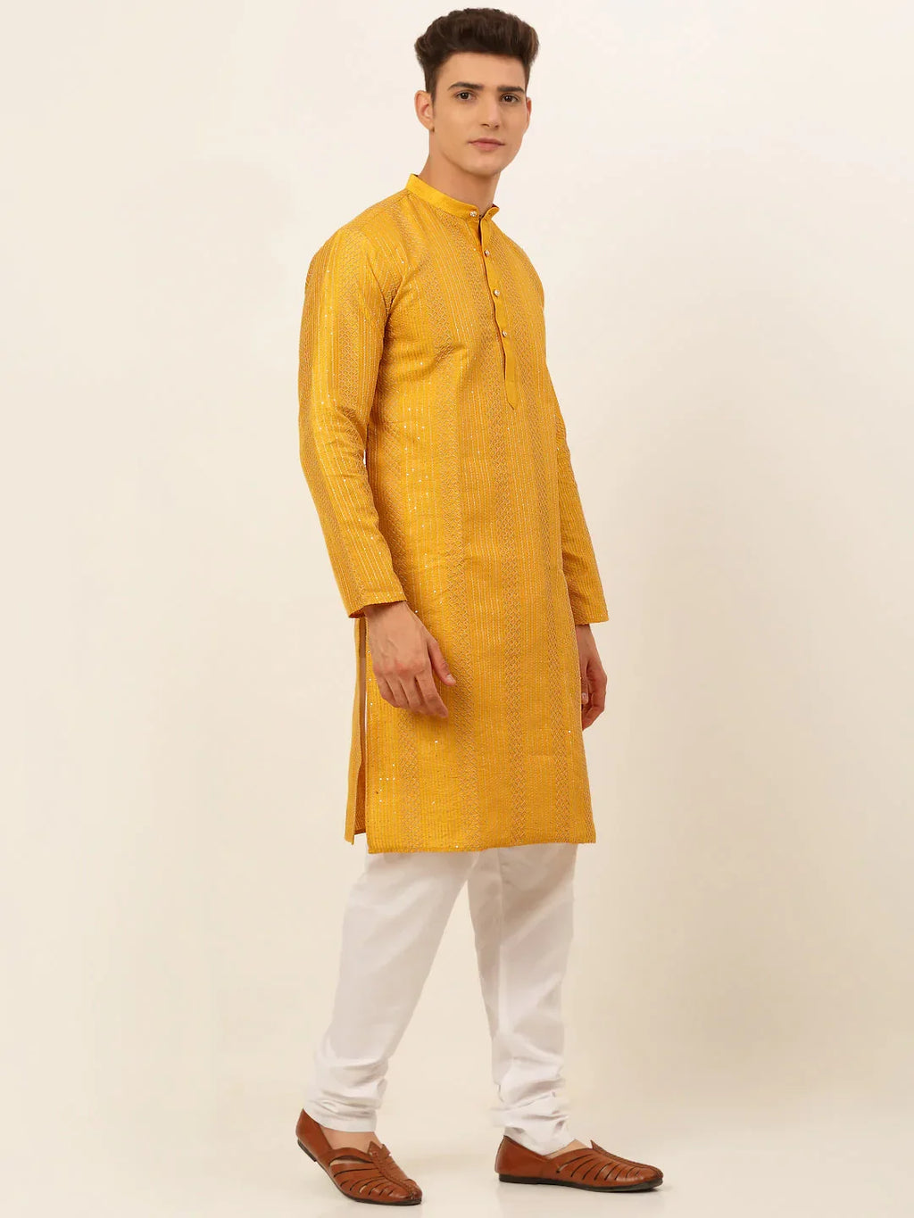 Jompers Men's Mustard Embroiderd Kurta Pajama | Grocsy