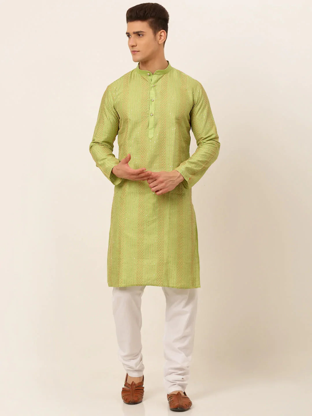 Jompers Men's Pista Green Embroiderd Kurta Pajama | Grocsy