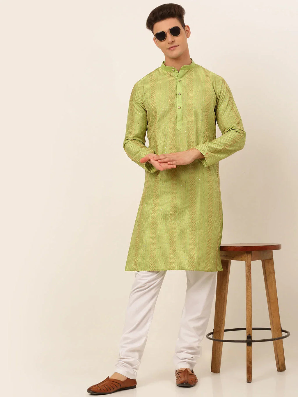 Jompers Men's Pista Green Embroiderd Kurta Pajama | Grocsy