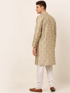 Jompers Men's Beige Collar Embroidered Woven Design Kurta Pajama | Grocsy