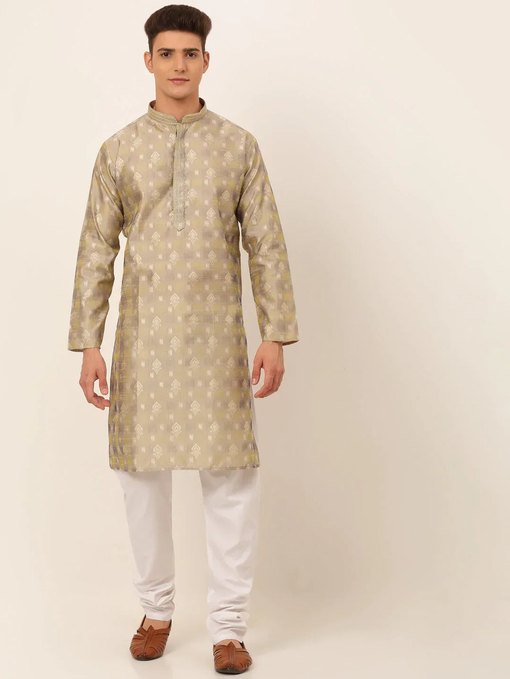 Jompers Men's Beige Collar Embroidered Woven Design Kurta Pajama | Grocsy