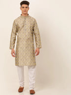 Jompers Men's Beige Collar Embroidered Woven Design Kurta Pajama | Grocsy