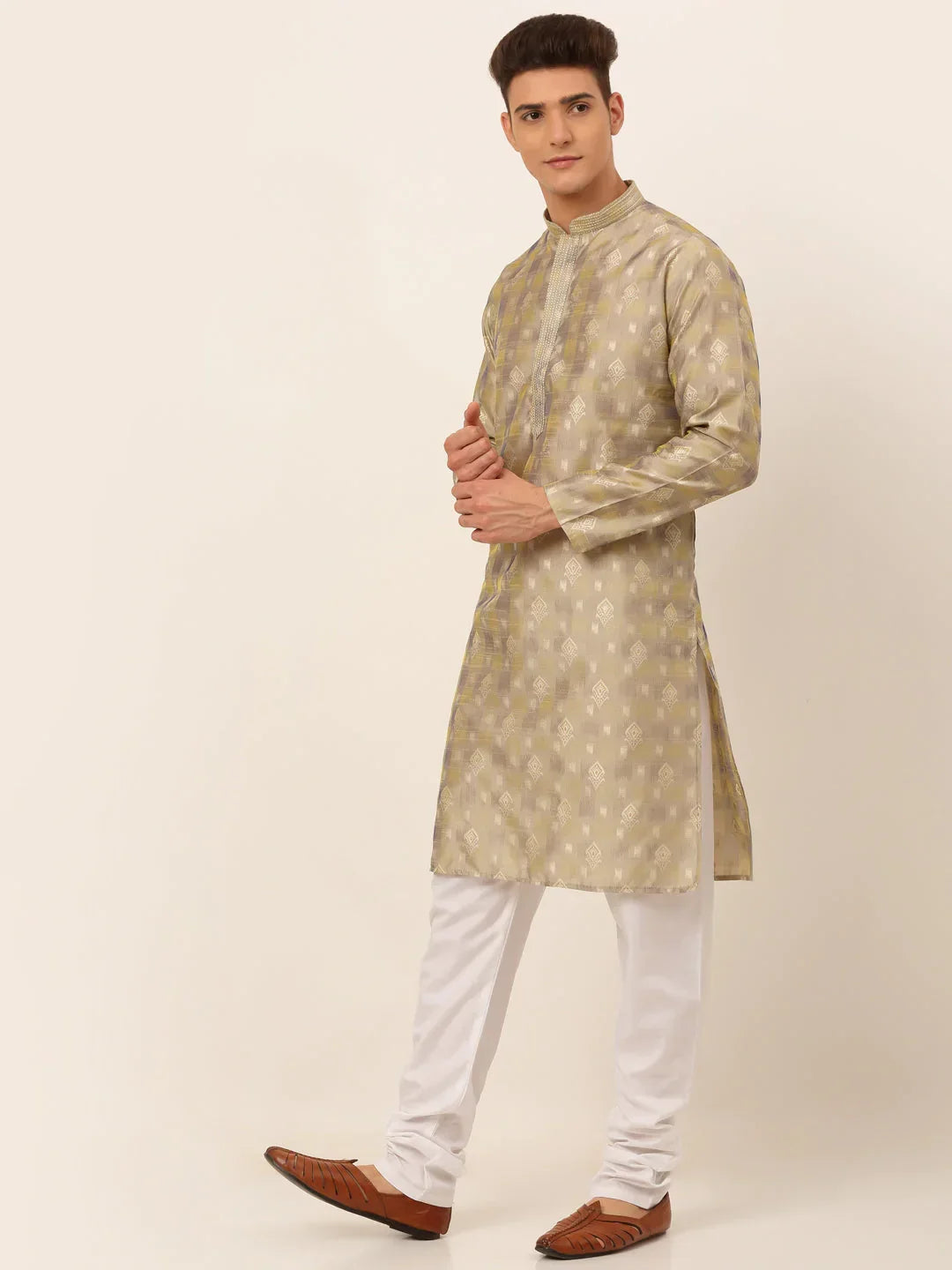 Jompers Men's Beige Collar Embroidered Woven Design Kurta Pajama | Grocsy
