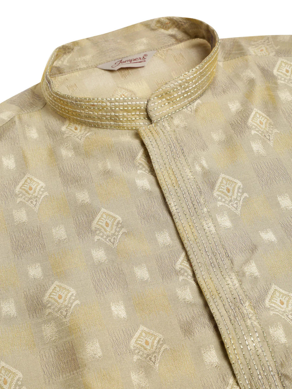 Jompers Men's Beige Collar Embroidered Woven Design Kurta Pajama | Grocsy