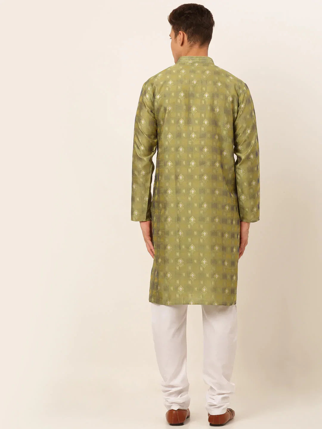 Jompers Men's Green Collar Embroidered Woven Design Kurta Pajama | Grocsy