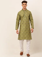 Jompers Men's Green Collar Embroidered Woven Design Kurta Pajama | Grocsy