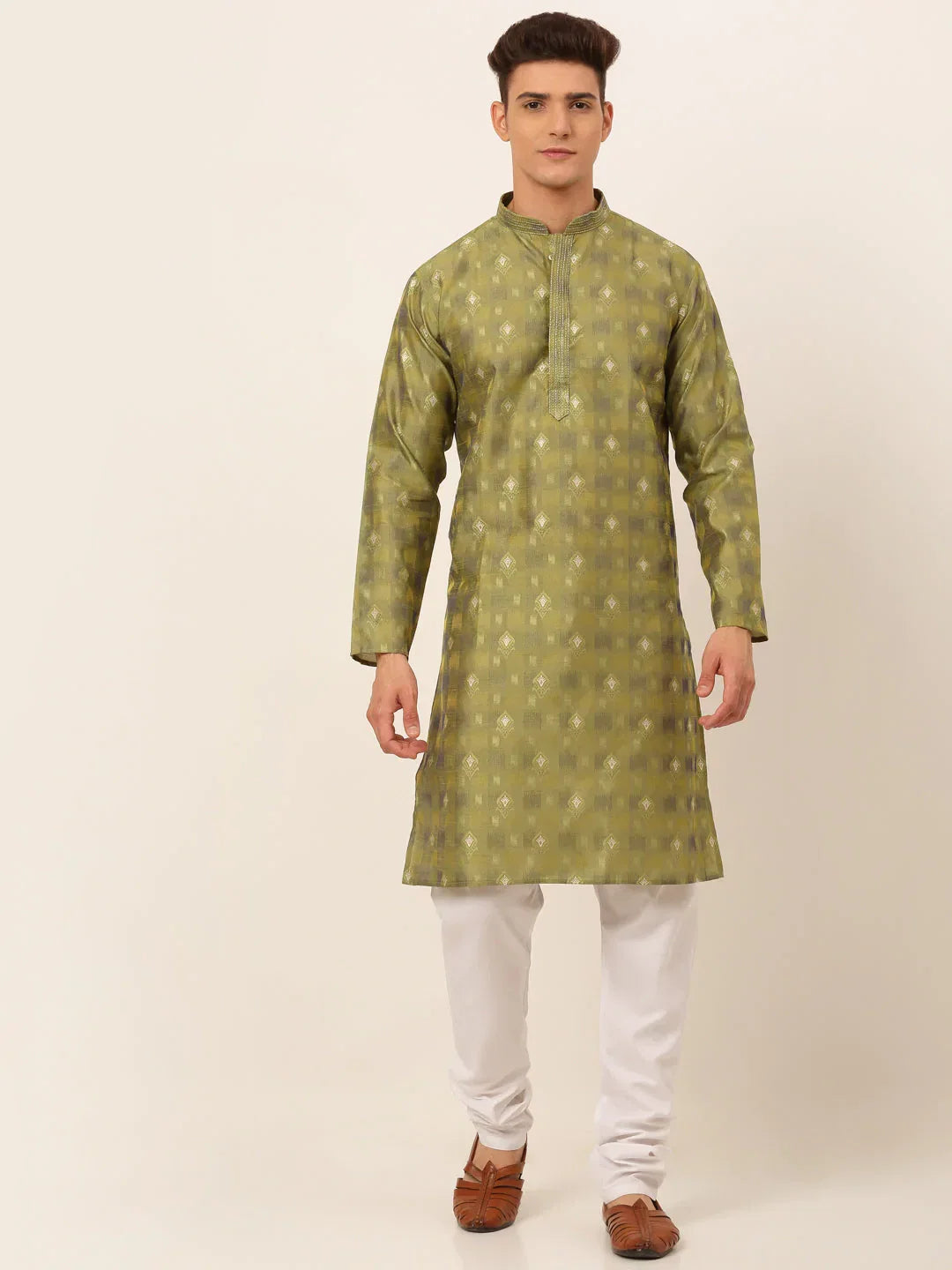 Jompers Men's Green Collar Embroidered Woven Design Kurta Pajama | Grocsy
