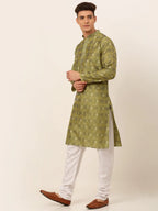 Jompers Men's Green Collar Embroidered Woven Design Kurta Pajama | Grocsy
