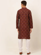 Jompers Men's Maroon Collar Embroidered Woven Design Kurta Pajama | Grocsy