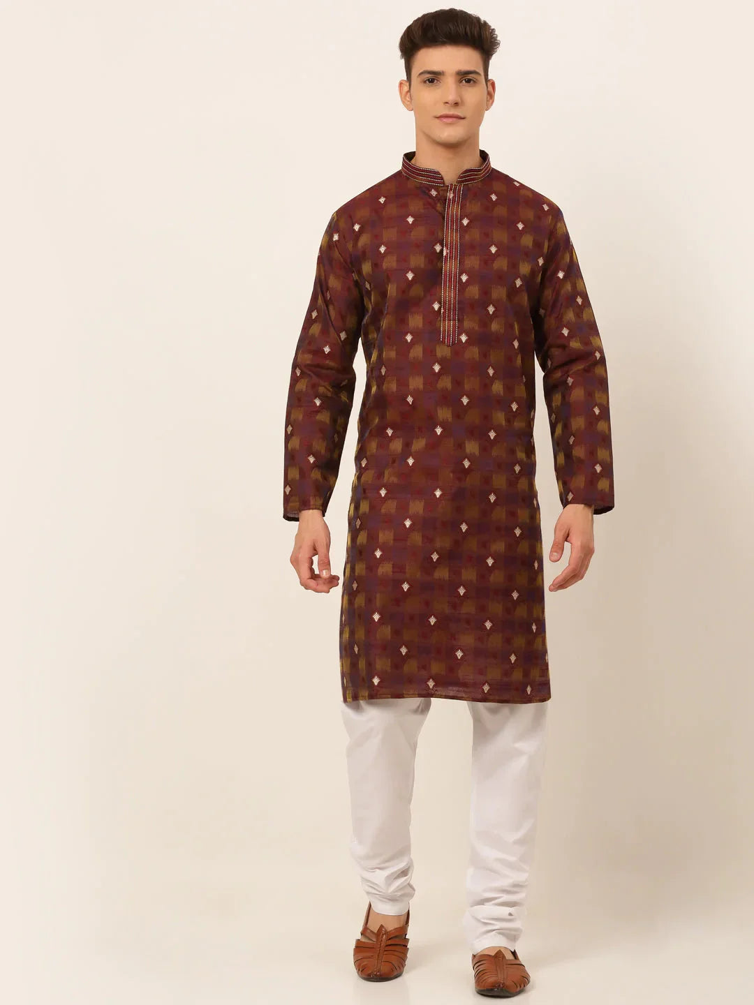 Jompers Men's Maroon Collar Embroidered Woven Design Kurta Pajama | Grocsy