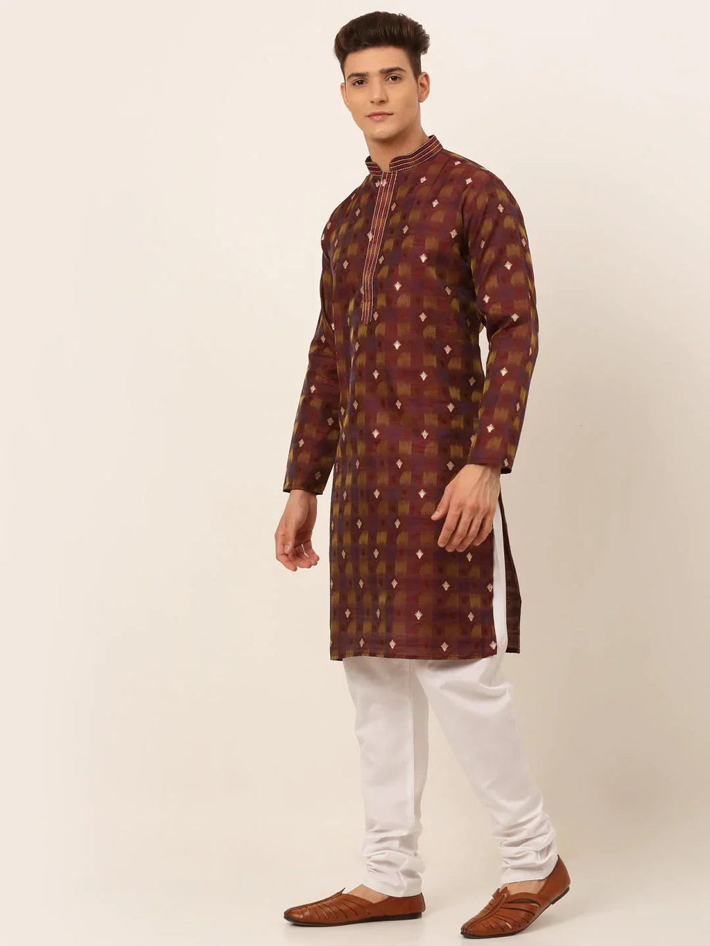 Jompers Men's Maroon Collar Embroidered Woven Design Kurta Pajama | Grocsy