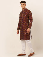 Jompers Men's Maroon Collar Embroidered Woven Design Kurta Pajama | Grocsy