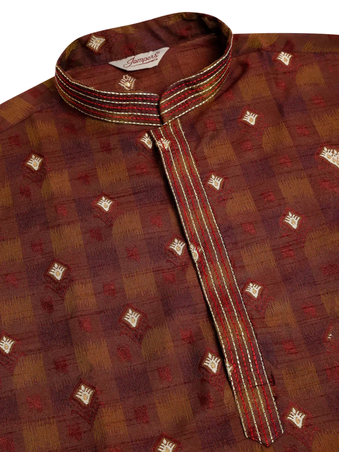 Jompers Men's Maroon Collar Embroidered Woven Design Kurta Pajama | Grocsy