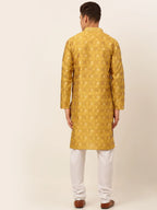 Jompers Men's Mustard Collar Embroidered Woven Design Kurta Pajama | Grocsy