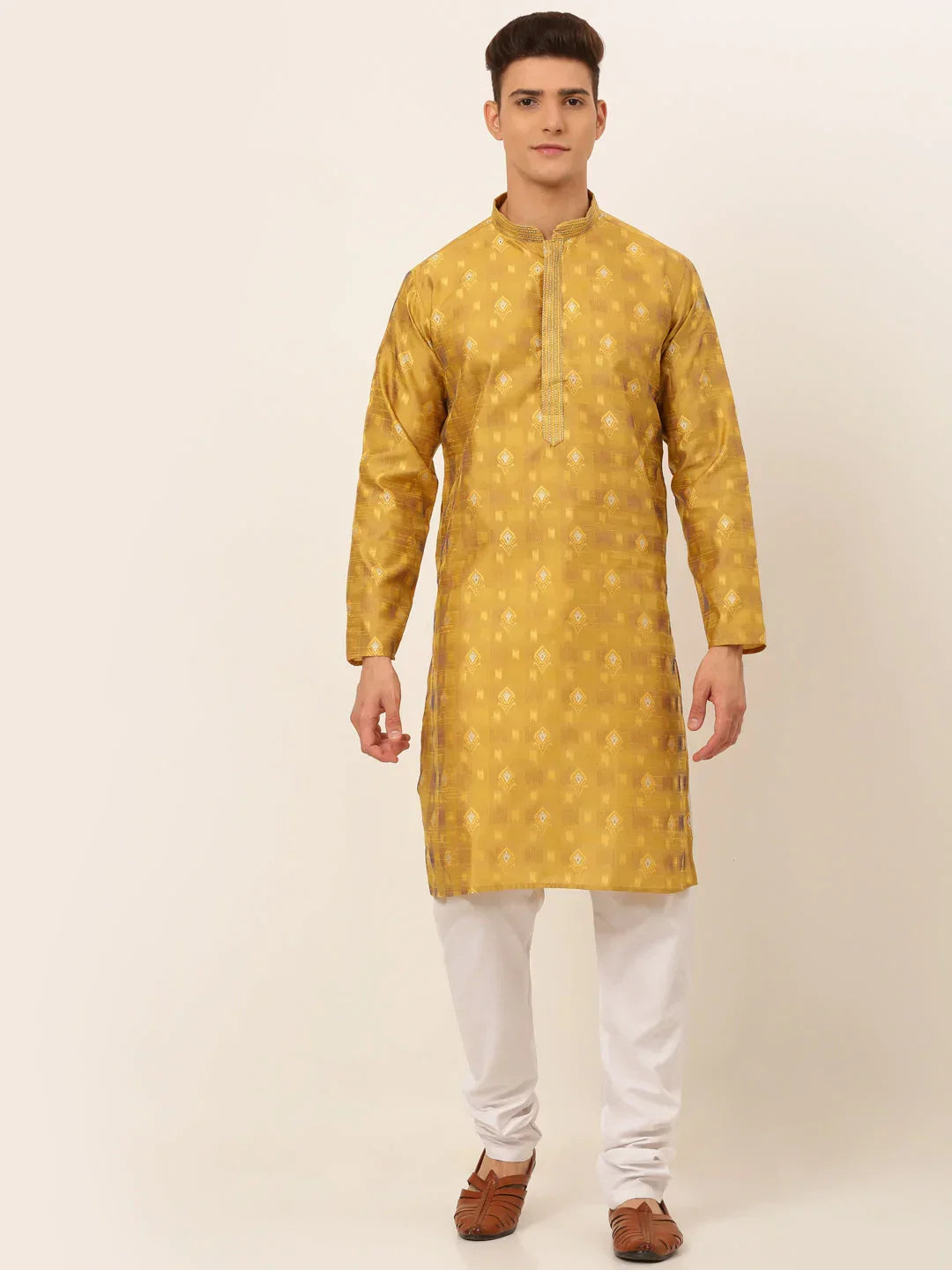 Jompers Men's Mustard Collar Embroidered Woven Design Kurta Pajama | Grocsy