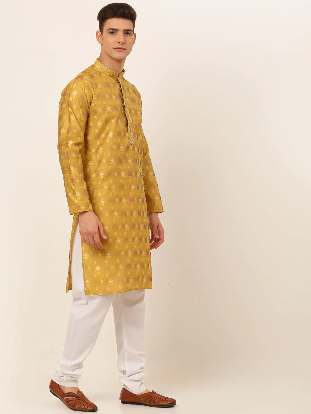 Jompers Men's Mustard Collar Embroidered Woven Design Kurta Pajama | Grocsy