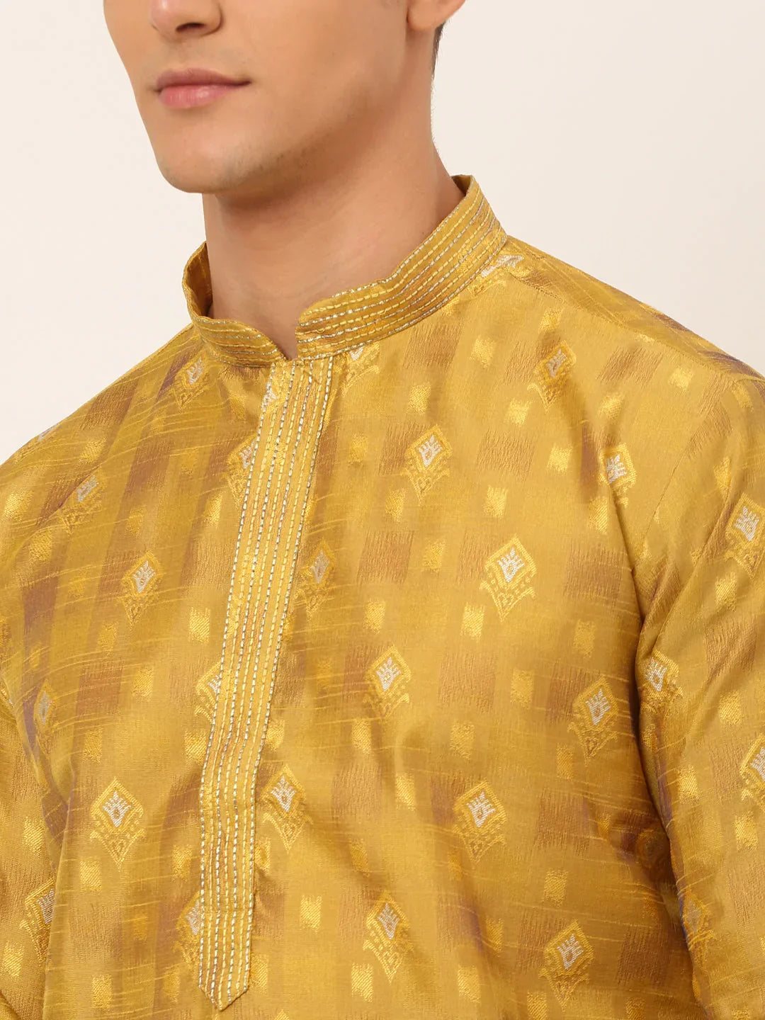 Jompers Men's Mustard Collar Embroidered Woven Design Kurta Pajama | Grocsy