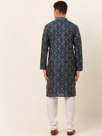 Jompers Men's Navy Blue Collar Embroidered Woven Design Kurta Pajama | Grocsy