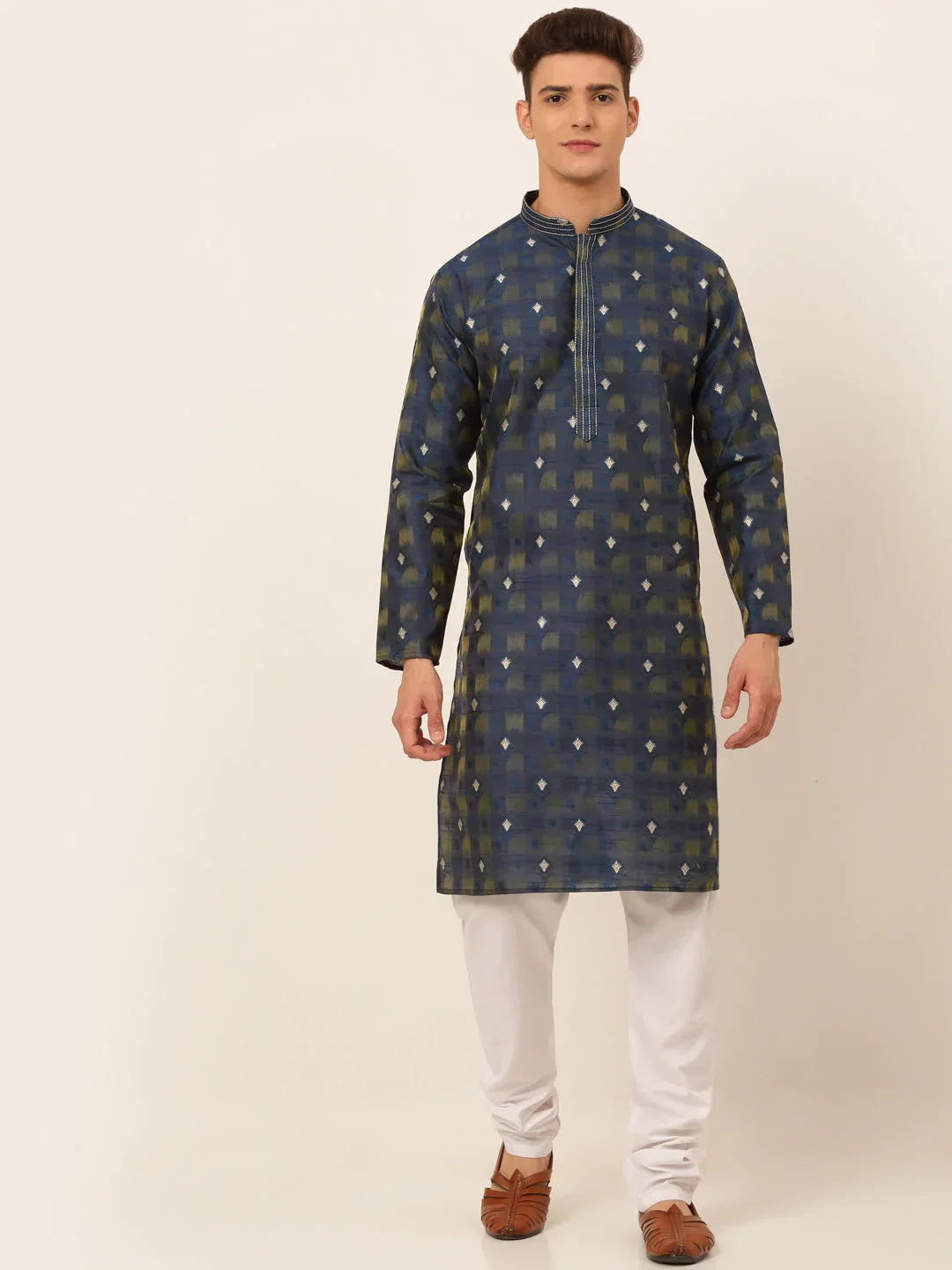 Jompers Men's Navy Blue Collar Embroidered Woven Design Kurta Pajama | Grocsy