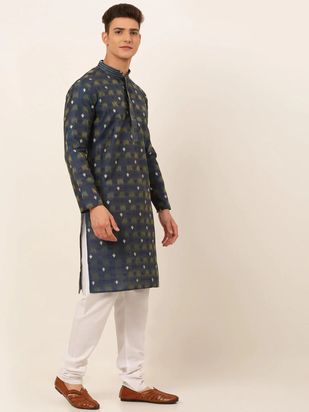 Jompers Men's Navy Blue Collar Embroidered Woven Design Kurta Pajama | Grocsy