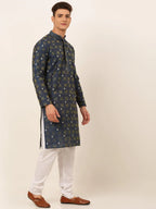 Jompers Men's Navy Blue Collar Embroidered Woven Design Kurta Pajama | Grocsy