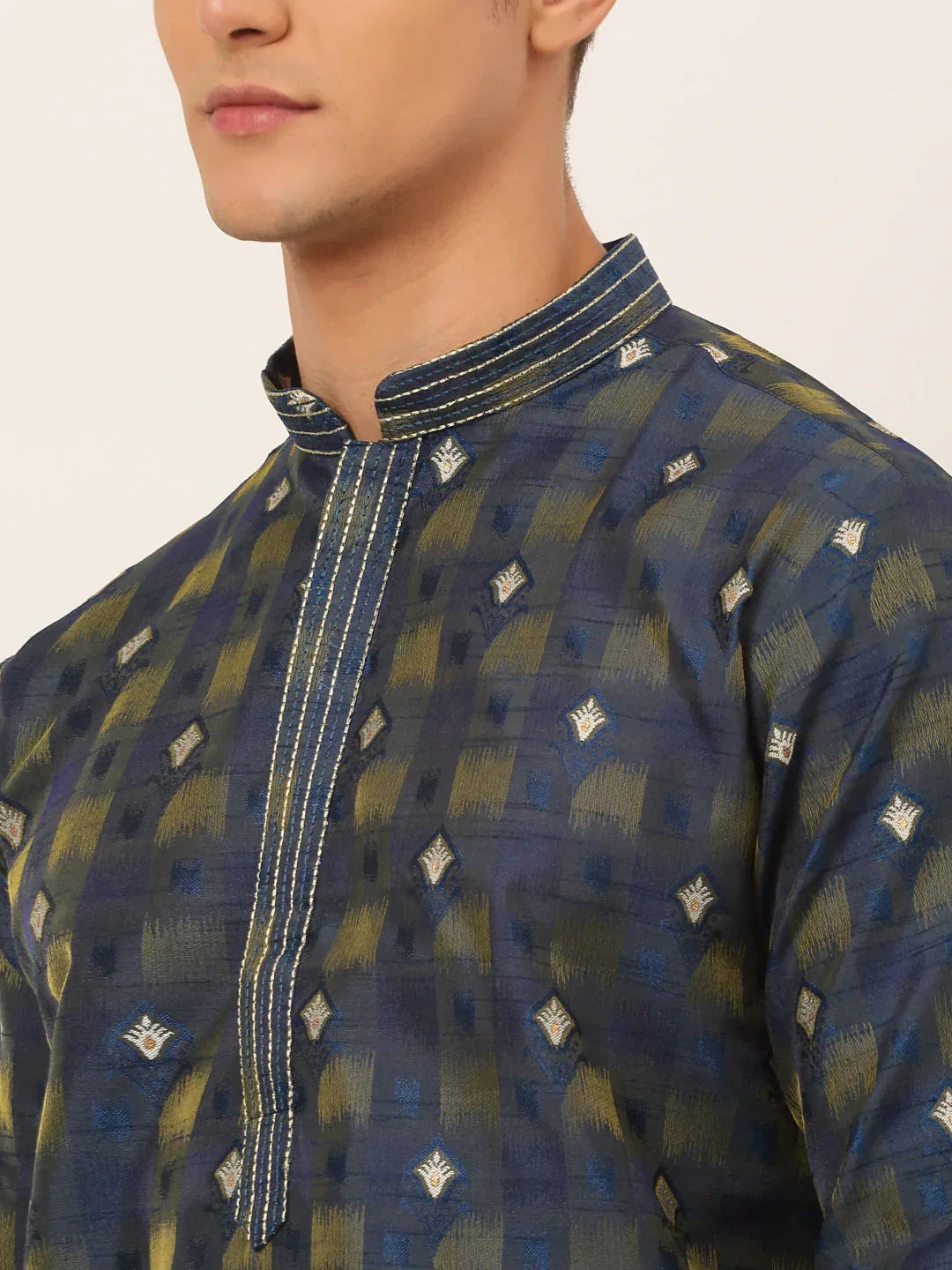 Jompers Men's Navy Blue Collar Embroidered Woven Design Kurta Pajama | Grocsy