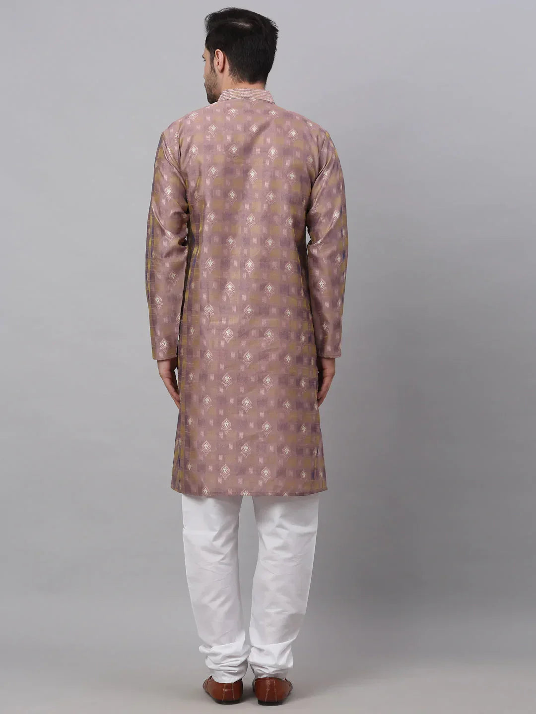 Jompers Men's Pink Collar Embroidered Woven Design Kurta Pajama | Grocsy