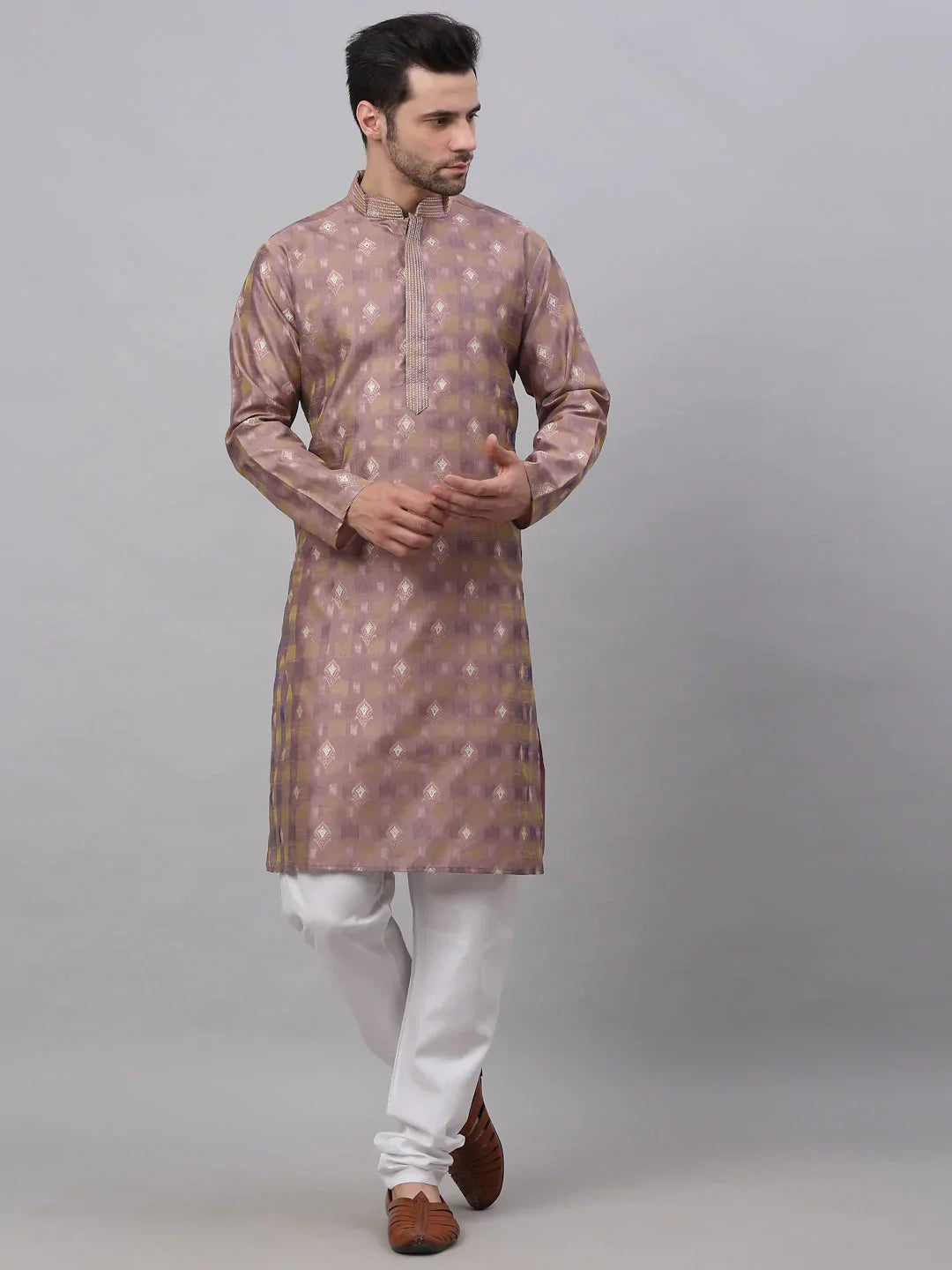 Jompers Men's Pink Collar Embroidered Woven Design Kurta Pajama | Grocsy