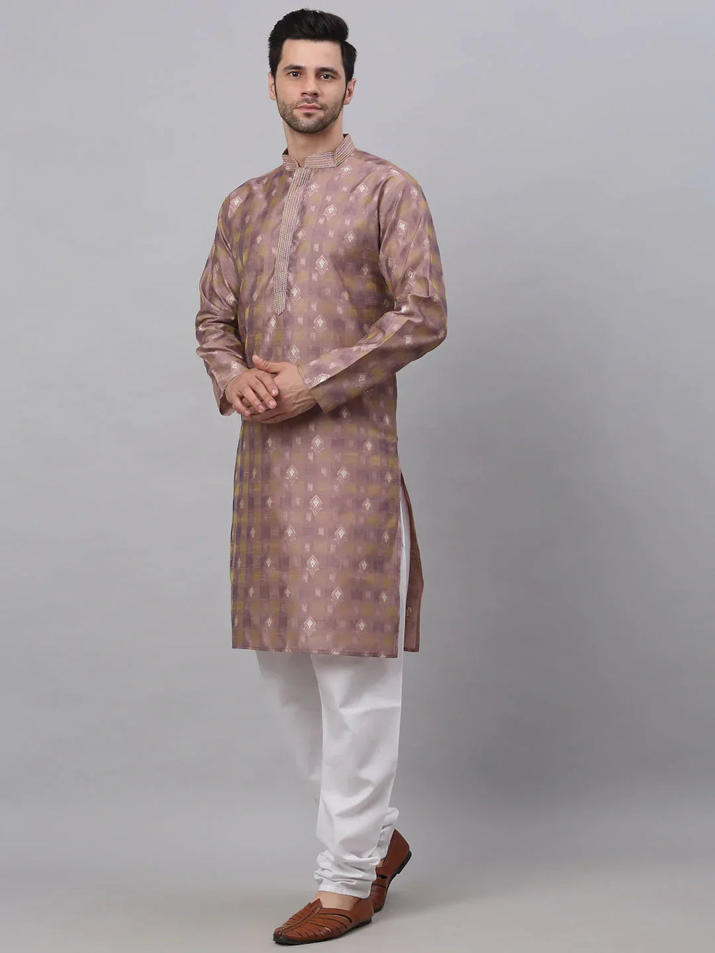 Jompers Men's Pink Collar Embroidered Woven Design Kurta Pajama | Grocsy